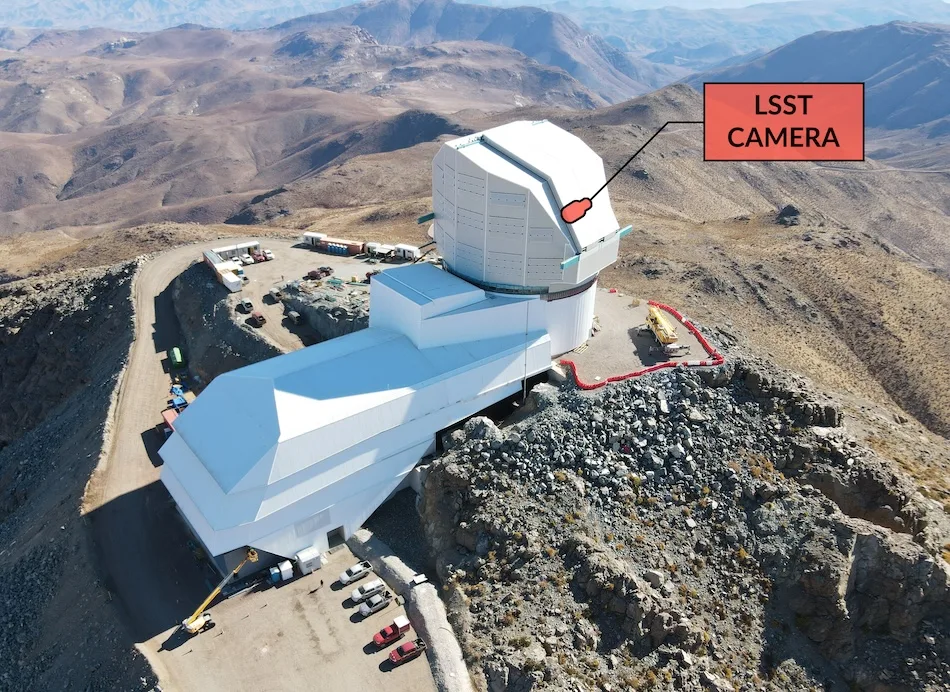 The camera will sit atop Rubin Observatory's Simonyi Survey Telescope high in the Andes of Chile. (Rubin Observatory/National Science Foundation/AURA)