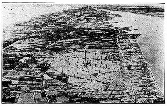 Artist’s illustration of the proposed RCA Radio Central facility at Rocky Point in 1922, showing 12 planned antenna spokes.
