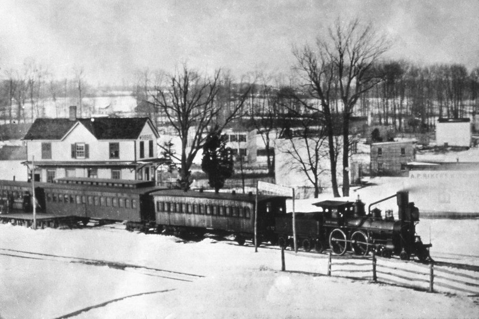 Flushing & North Side Railroad train at Woodside Station in Queens circa 1872