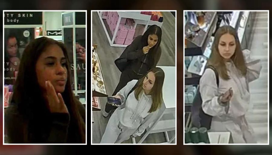 Surveillance images of two women wanted by Suffolk County police in connection with the theft of approximately $791 in beauty products from Ulta Beauty in Selden on Oct. 16, 2026.