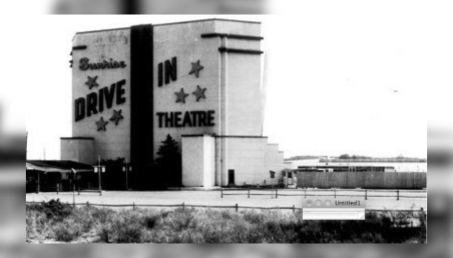 Historic photograph of the Sunrise Drive-In movie theater on West Sunrise Highway in Valley Stream, New York, the state's first drive-in theater.